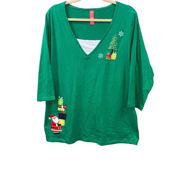Unbranded Tops - Christmas Tshirt 2XL 18/20 Green Embroidered Santa Casual Holiday Novelty Kitsch